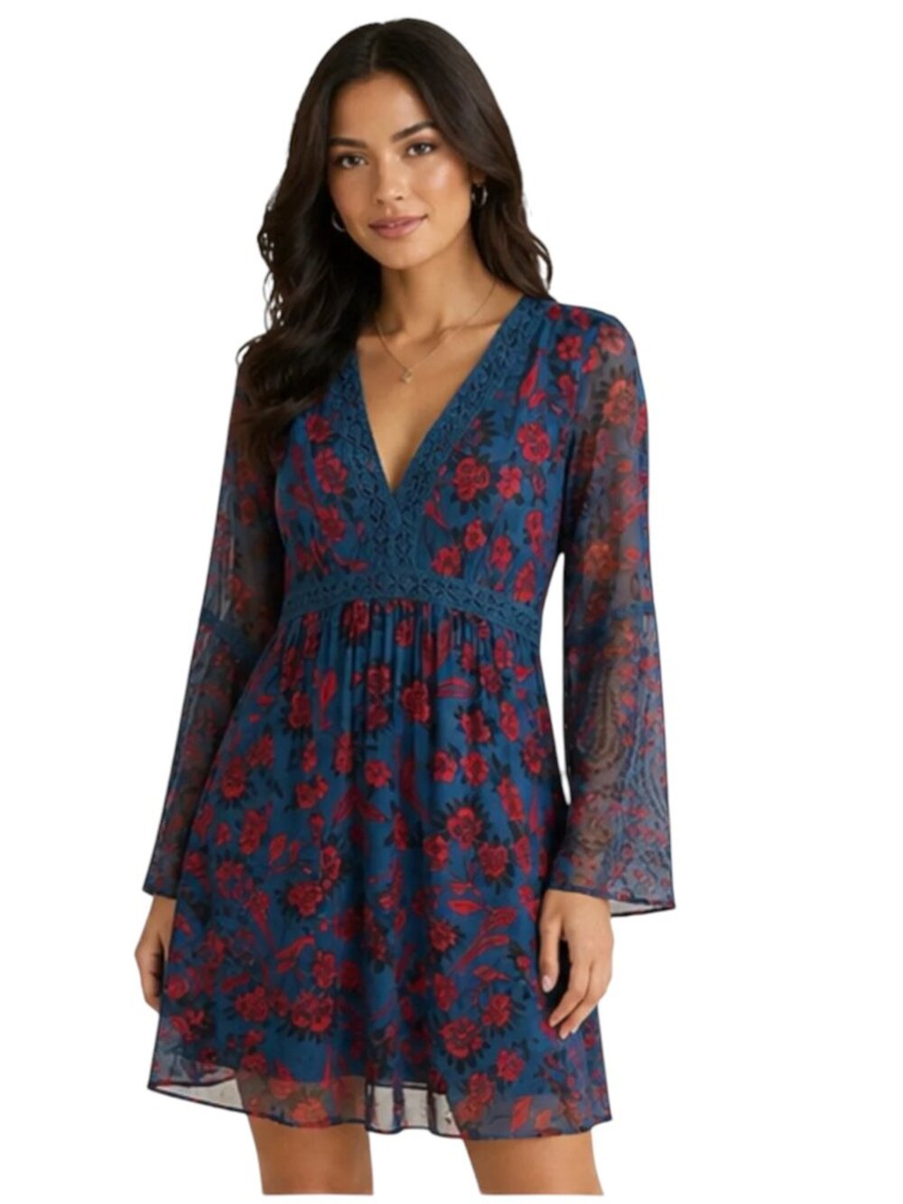 Abercrombie and Fitch Teal Red Floral V Neck Bell Sleeve Mini Dress